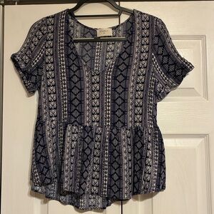 Everly Navy and White Patterned Blouse, Short Sleeves and Flutter bottom
